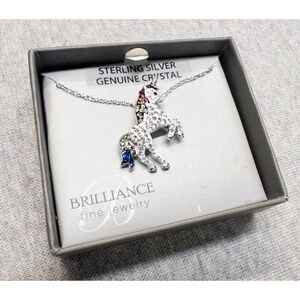 NIB Brilliance Fine Jewelry Sterling‎ Silver Crystal Unicorn Necklace 925 Silver